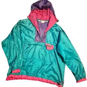 Vintage 80s 90s Colorblock Windbreaker Hooded Pullover Jacket Teal Pink L
